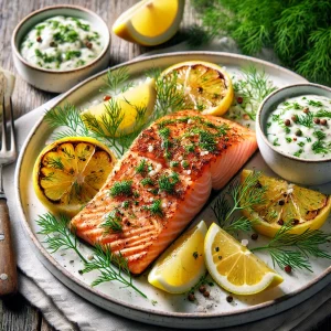 Gegrillter Lachs mit Zitronen-Dill-Sauce