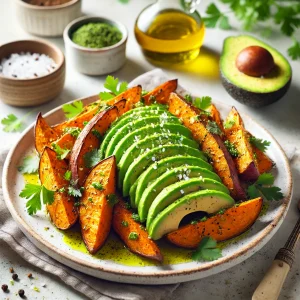 Veganes Rezept - Geröstete Süßkartoffeln mit Avocado und Fleur de Sel